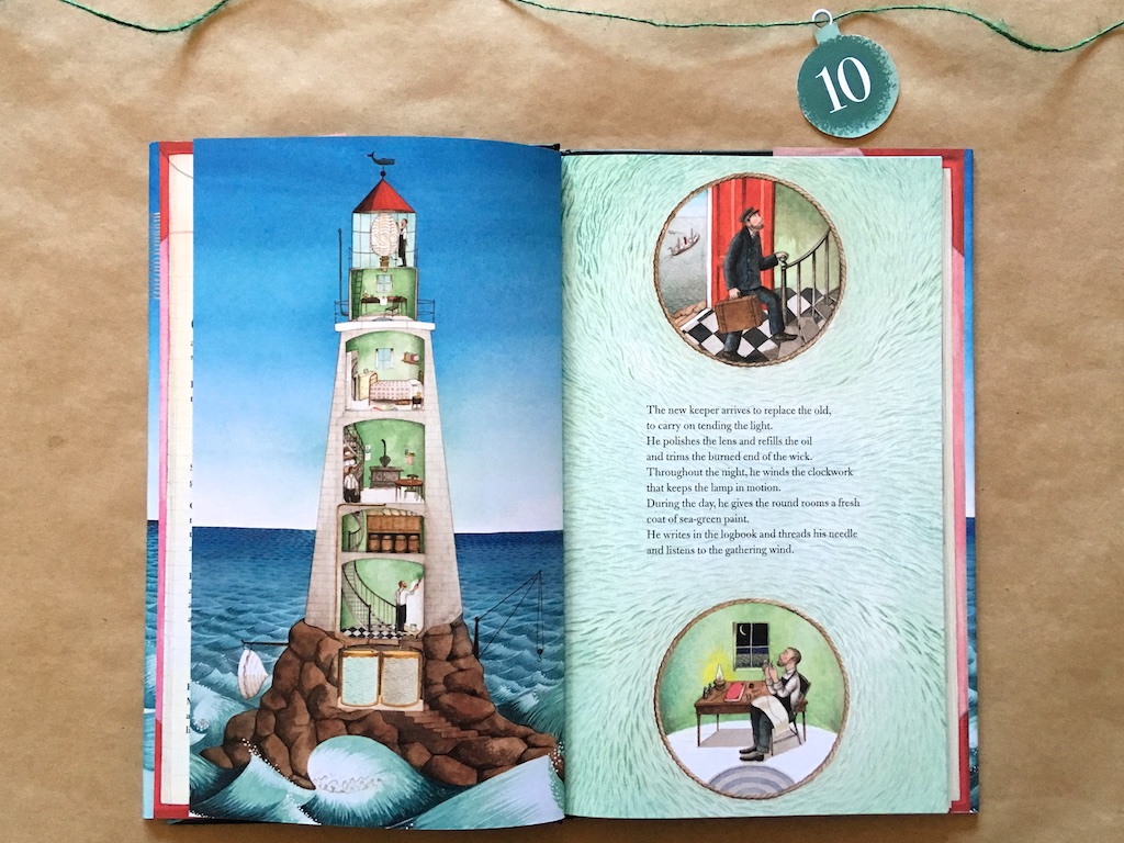 Inside lighthouse view on the left showing intricate details of rooms all the way to the top. The right shows the man walking in and up the stairs and sitting at a table looking at the moon.