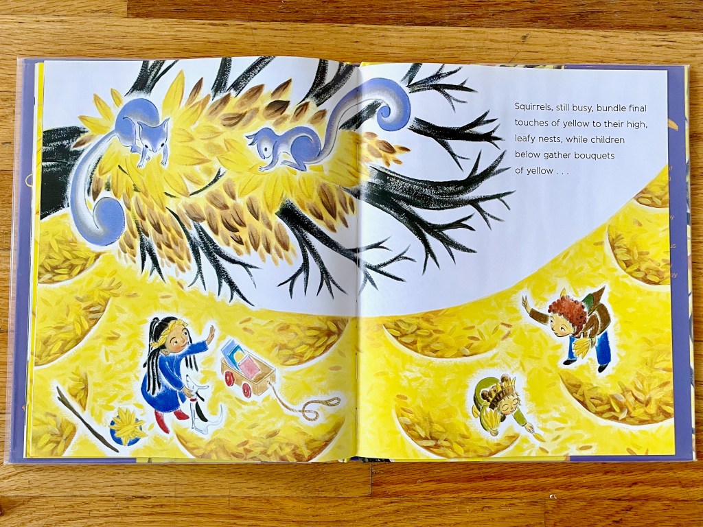 spread of children down low picking up leaves, and squirrels in a branch above piling leaves in their nest.