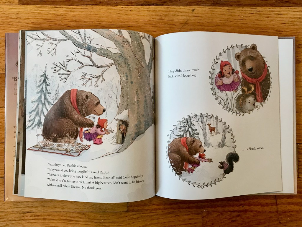 Coco and Bear attempting to deliver cookies and lanterns to three different animals who all look horrified.