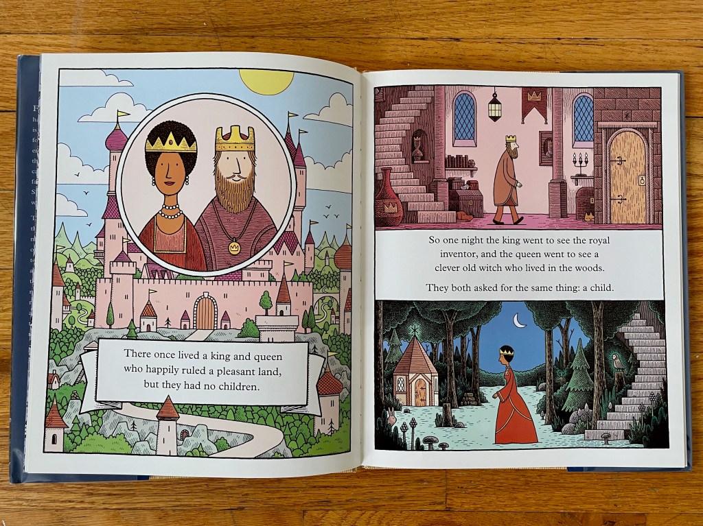 Very detailed illustrations of a king and queen and their kingdom and opposite panels of the king walking through a dark room and a queen walking through the forest to a little cottage.