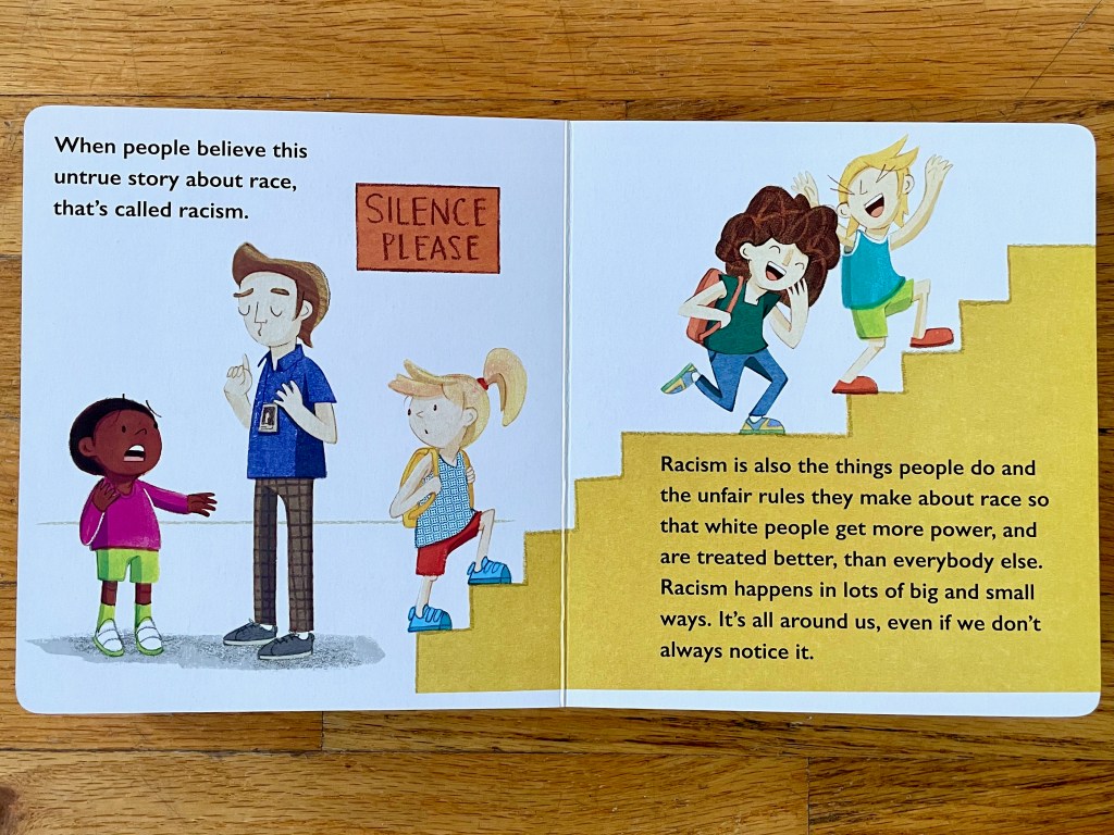 The left page shows a black child being told to be quiet by a white adult while the right page shows a staircase going up and two white children laughing and running up the stairs. A white girl with a ponytail is just stepping onto the stairs and looking back at the black child with concern.