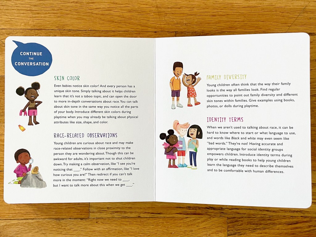 White spread with 4 large paragraphs accompanied by 4 miniature illustrations. They include Skin Color, Race-Related Observations, Family Diversity, and Identity Terms.