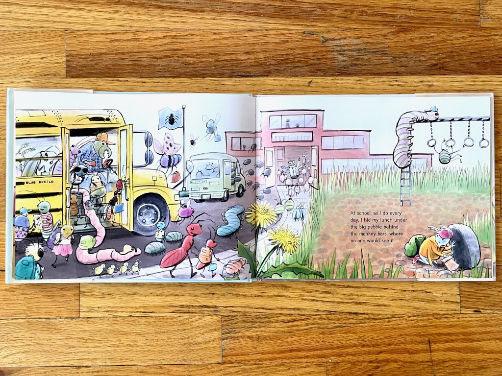 A yellow school bus has pulled into the school parking lot and loads of insect kids are crawling out of the bus. Dougie is on the far right hiding his paper bag lunch under a rock. 