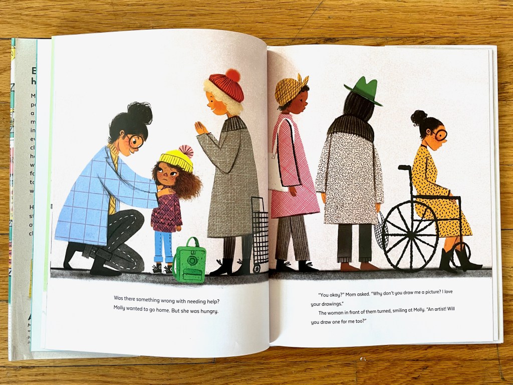 Molly and her mom are at the end of a line of people. Molly's mom is down on a knee talking to Molly kindly. Molly looks confused. The woman right in front of Molly is turned and listening with a smile.