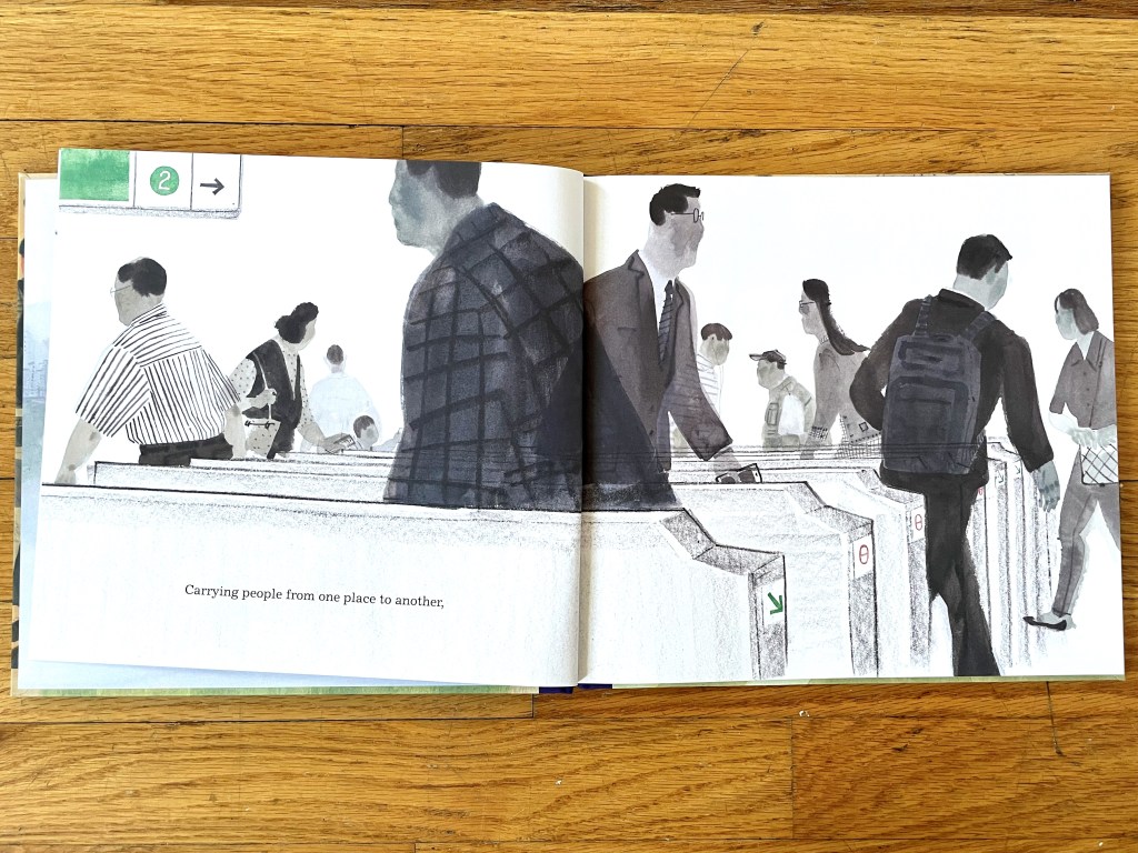 blacks and grays watercolor of all ages of Korean people going through the turnstiles to and from the train.