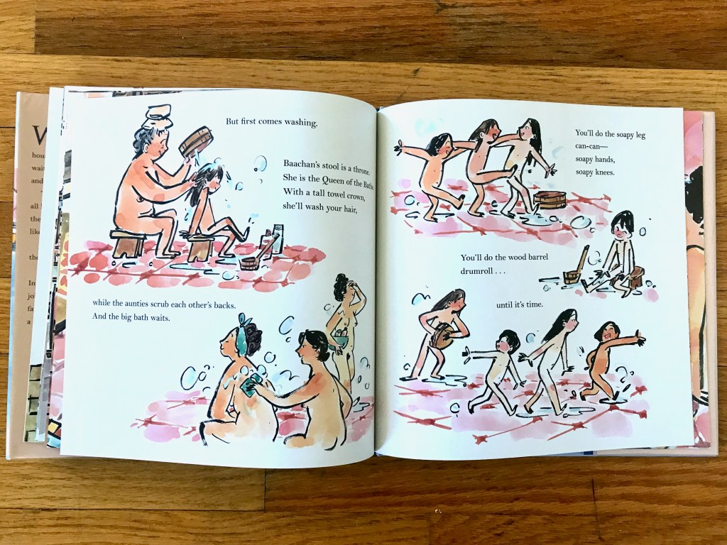 A spread full of cheerful naked bodies. The grandma washing the girl's hair, aunties scrubbing each other's backs, children doing the can-can, and playing the drums on the barrels. 