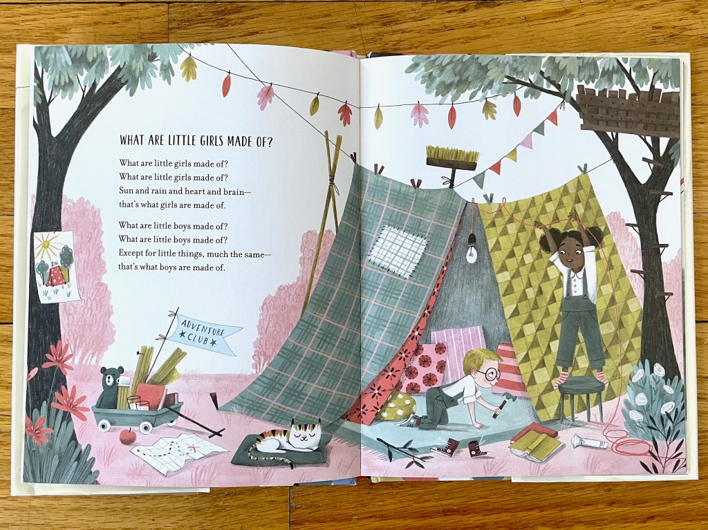 Full spread showing a girl and boy dressed very similarly in overalls hanging up a blanket tent between trees.