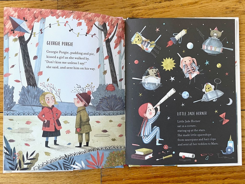 On the left page, a little girl holding a kite string looks critically and sassily at a boy, accompanied by the text about Georgie Porgie kissing her without asking. On the right page, a little girl with braids sits with a telescope looking into a black page sky filled with stuffed animals in all sorts of spaceships made from found objects.
