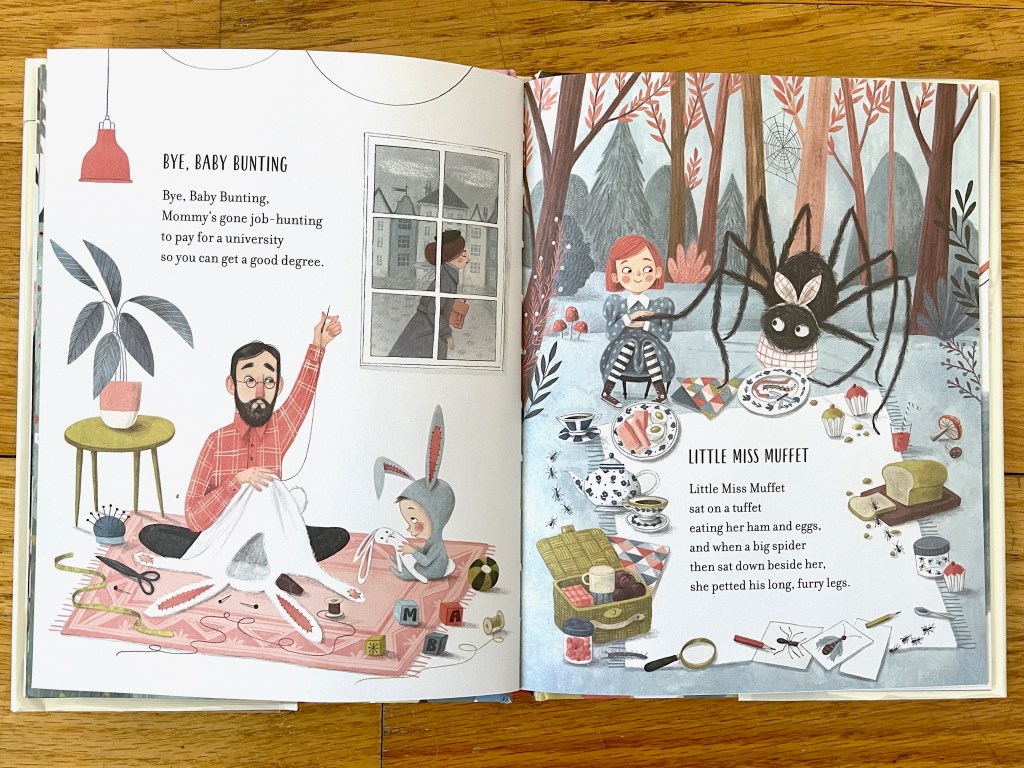 On the left page, a man sews a bunny costume next to his bunny costumed child on the floor while the woman can be seen leaving for work through the window. On the right page, a girl sits at a picnic in the woods next to a giant fuzzy spider.