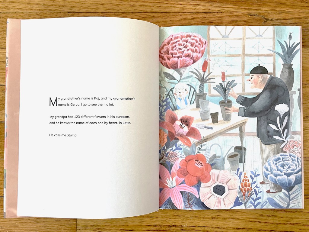 Right page filled with beautiful floral blooms surrounding the older, bent-over grandfather setting a flower in a pot and the grandchild sitting in a chair watching.