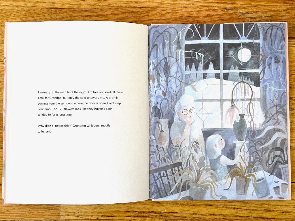 Right page shows a dark view of the greenhouse where the grandma looks surprised and sad at the wilting plants and the grandchild touches the stem of a wilted plant. The moon is visible out the window over the snow.