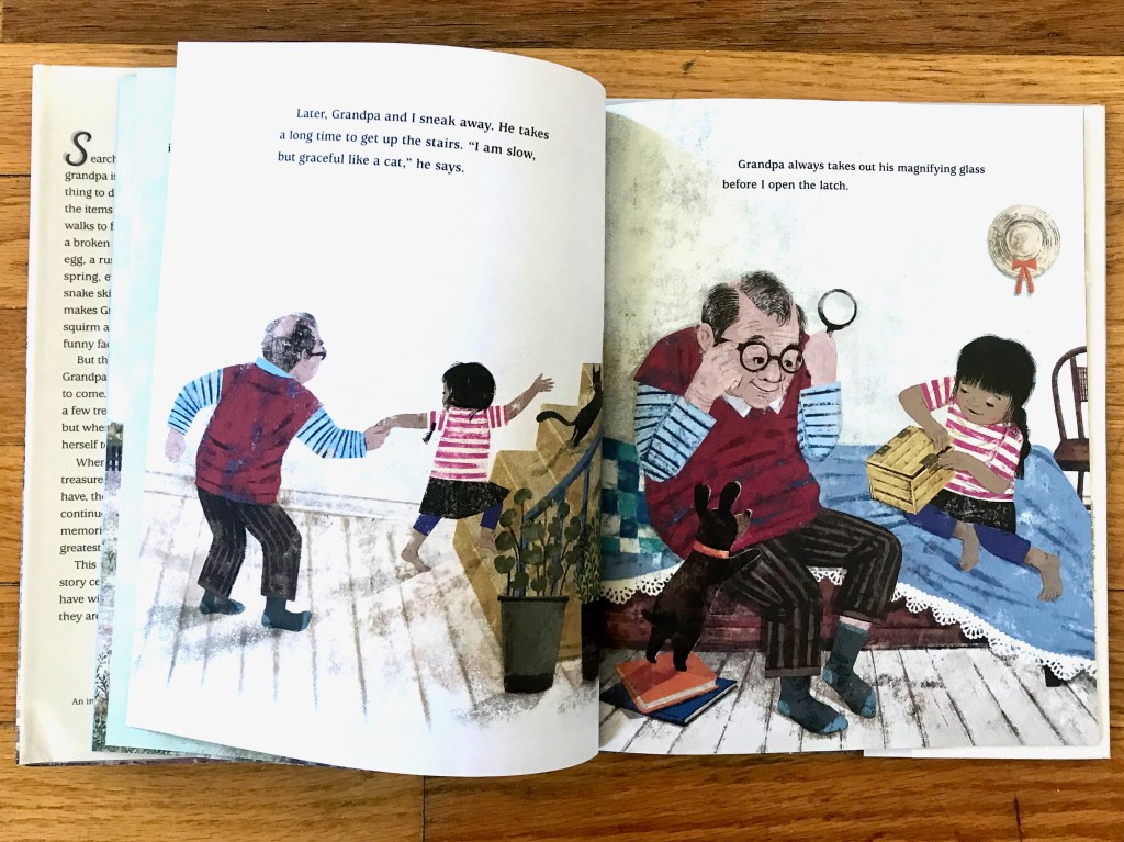 On the left page, the little girl takes a step onto a stair, holding her grandpa's hand and leading him up the stairs. On the right page, the grandpa and girl sit on her bed with a blue bedspread. He holds his magnifying glass and she is opening the yellow box.