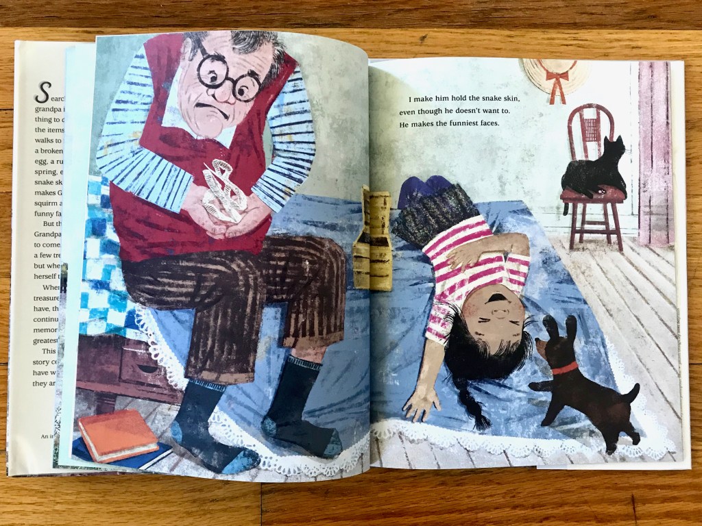 The girl and grandpa are sitting on her bed. He is holding the snake skin and making a crazy face about it. She is flopped over the edge of the bed laughing and holding her belly. Her little black dog sniffs at her.