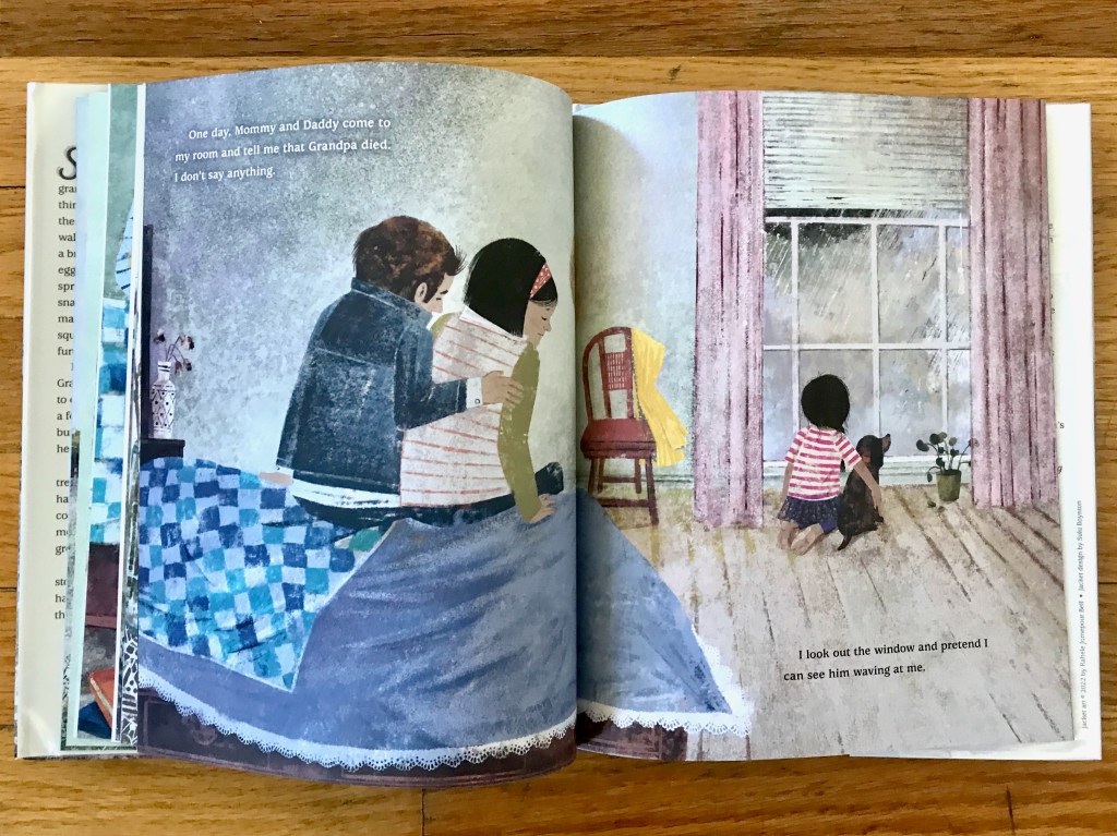 The mom and dad sit on the edge of the girl's bed looking at her as she looks out a dreary looking window with her arm around her dog.