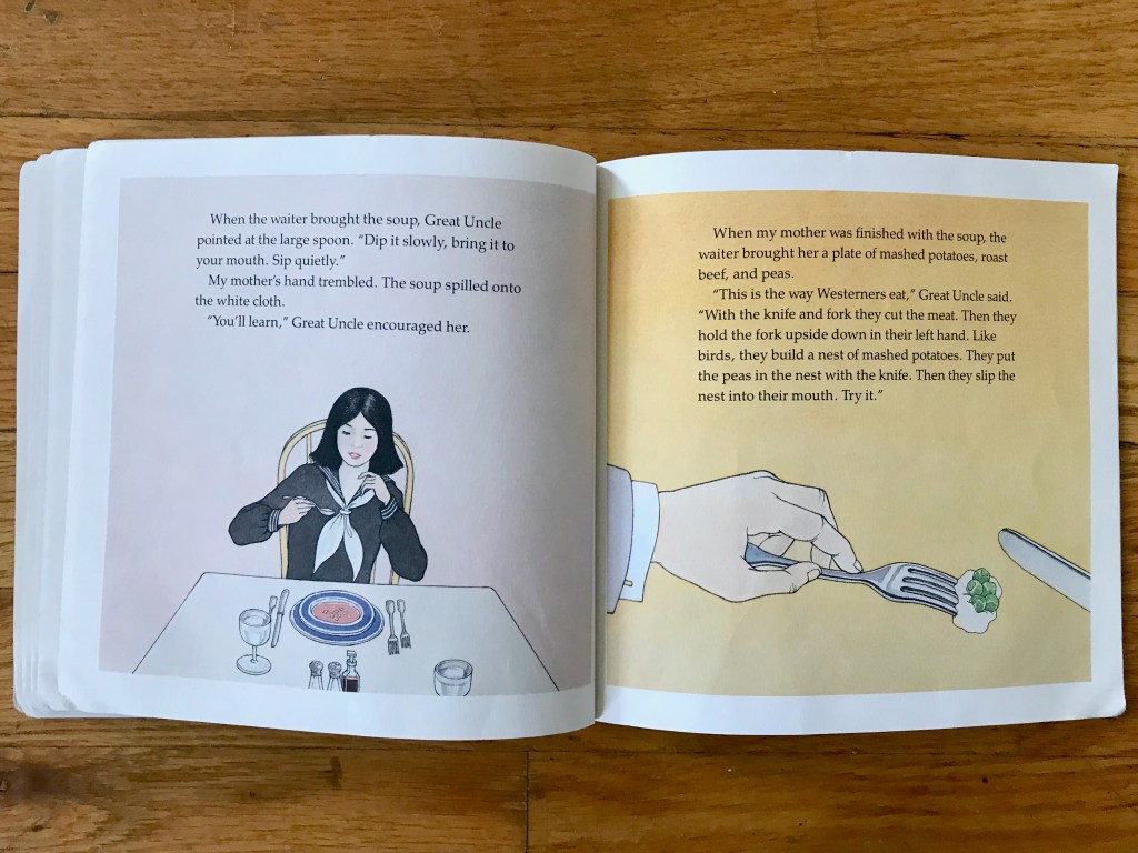 Aiko sits at a table holding a spoon mid-air. On the table is a Western table service with a bowl of soup. On the right picture, a close-up of a hand holding a fork upside down with a pile of potatoes holding 5 peas.