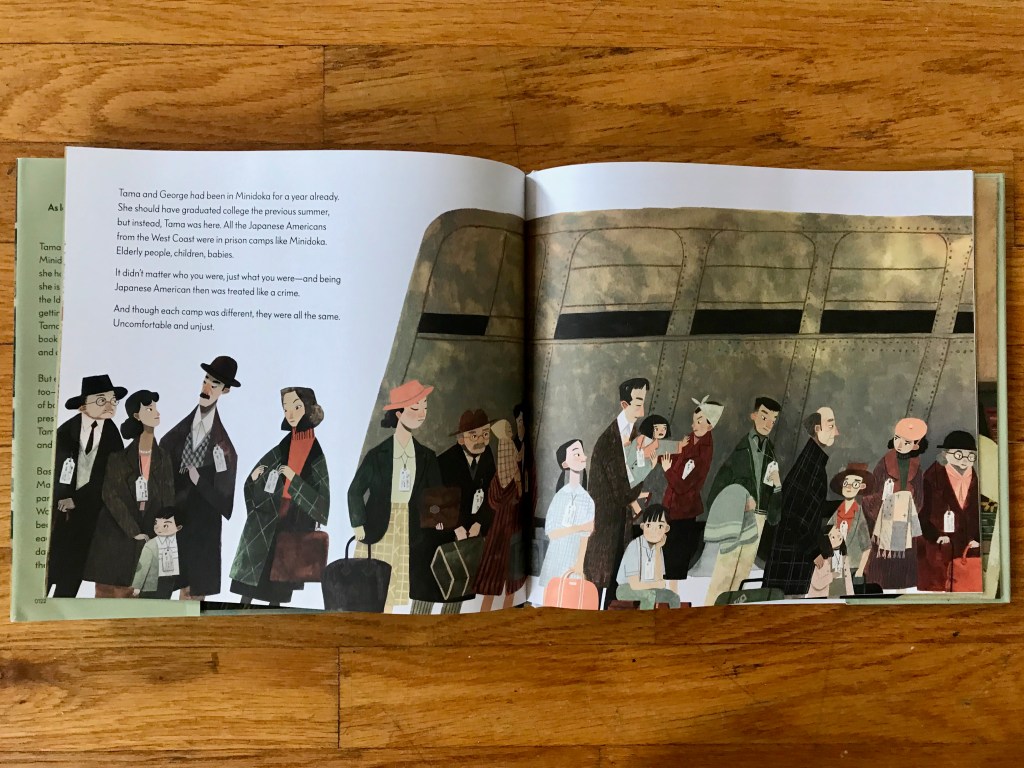 A train is in the background and a crowd of people fill the spread. Young, old, babies, and everything in between all carrying bags and looking concerned.