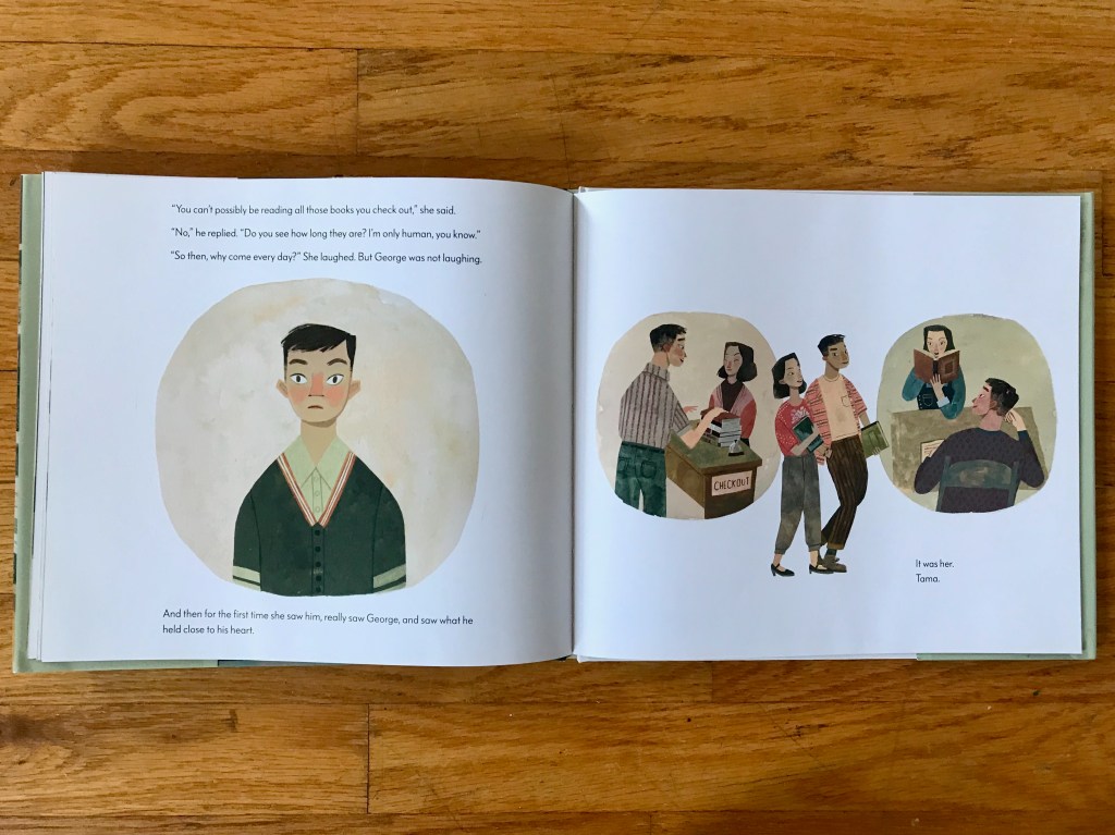 George, the young man looks surprised and silent on the left page. The right shows three vignettes of George and Tama together – George checking out books from Tama, George walking with Tama, and Tama reading a book at a table with George on the other side looking at her.