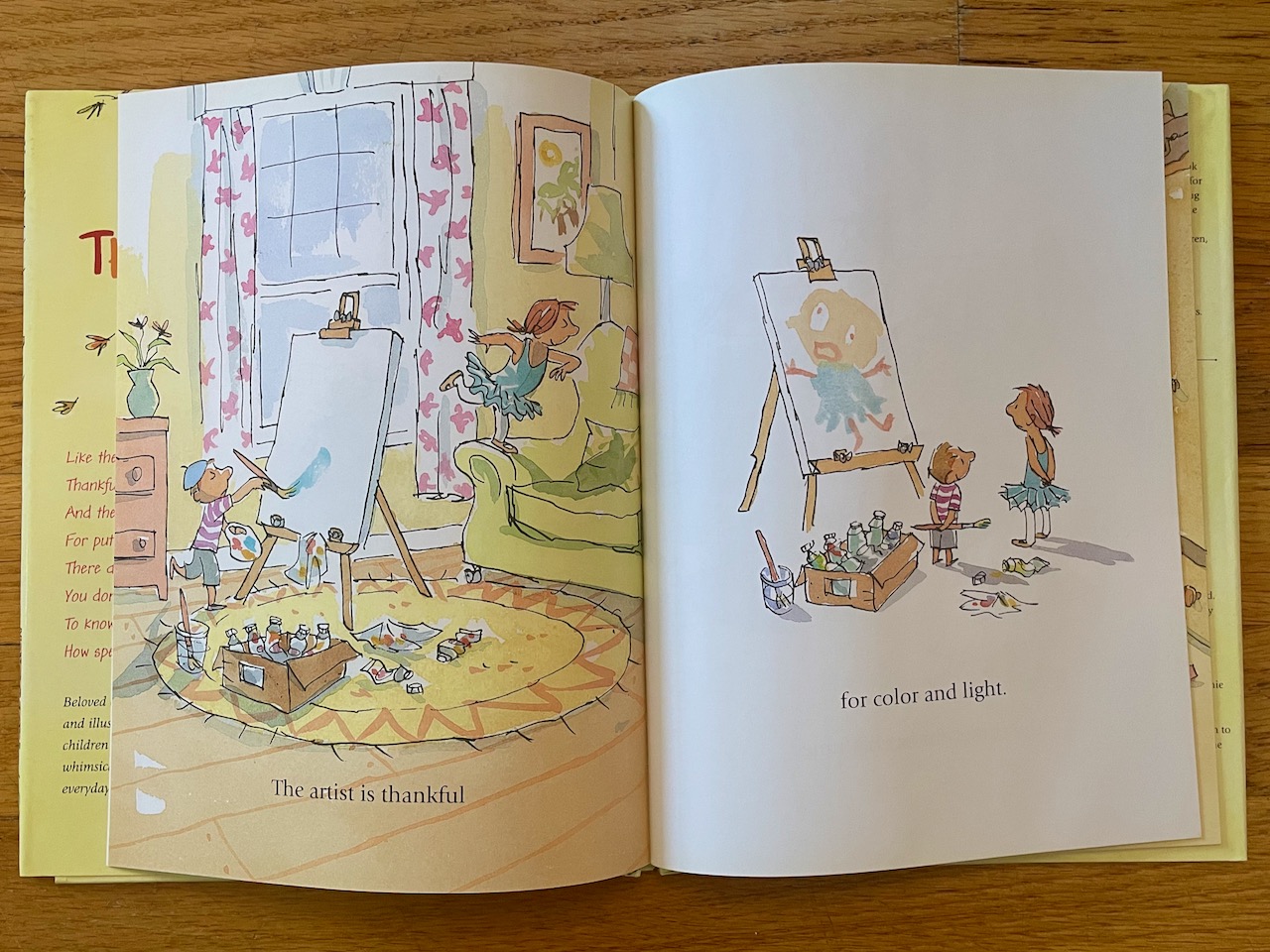 spread of Thankful. Two children in their living room on the left. The boy is painting a big canvas. The girl is posing as a ballerina on the edge of the sofa. The right page has the boy proudly showing the results to the ballerina.