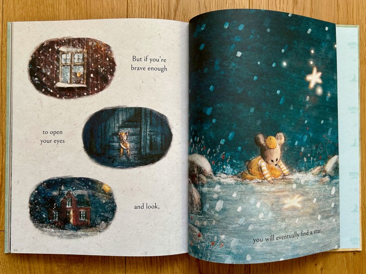 Three vignettes on the left of the bear looking out the window, putting boots on while sitting on stairs, and peeking out the front door of a house surrounded by nighttime and snow flurries. The right page has the bear kneeling in the snow pointing to a shimmer of light that is reflecting from the star above.
