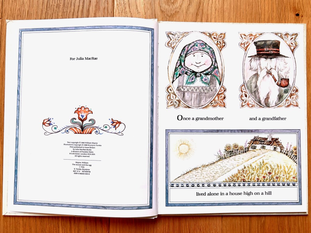 White page on the left with the colophon. Vignettes on the right with the grandmother and grandfather in their own boxes and their house on a hill in the bottom box.