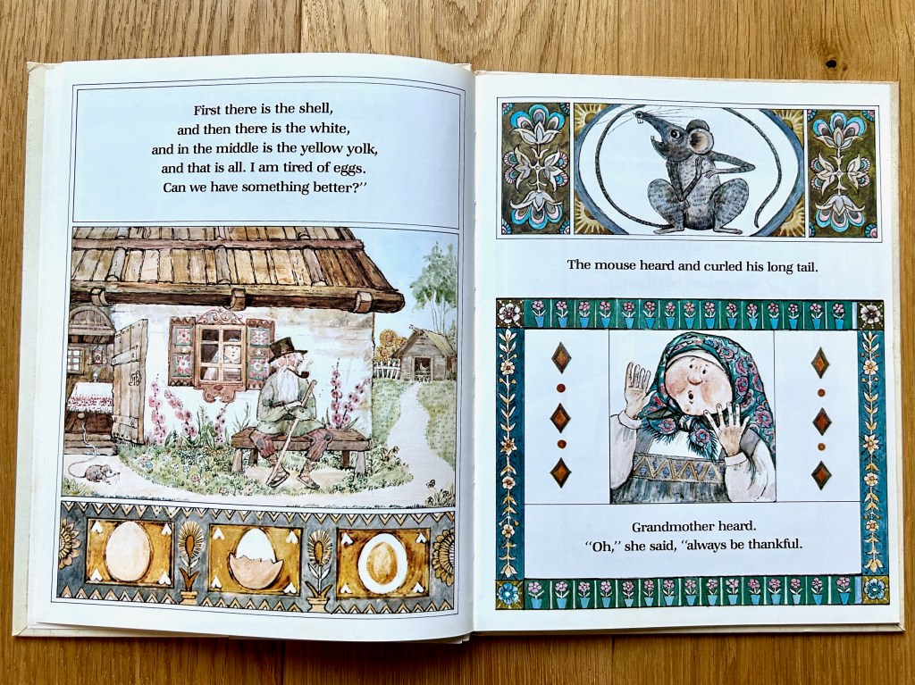 Left page is the grandfather sitting outside the house on a bench with his pipe and arms crossed. Right page is split between the mouse looking horrified and the grandmother looking shocked and responding.