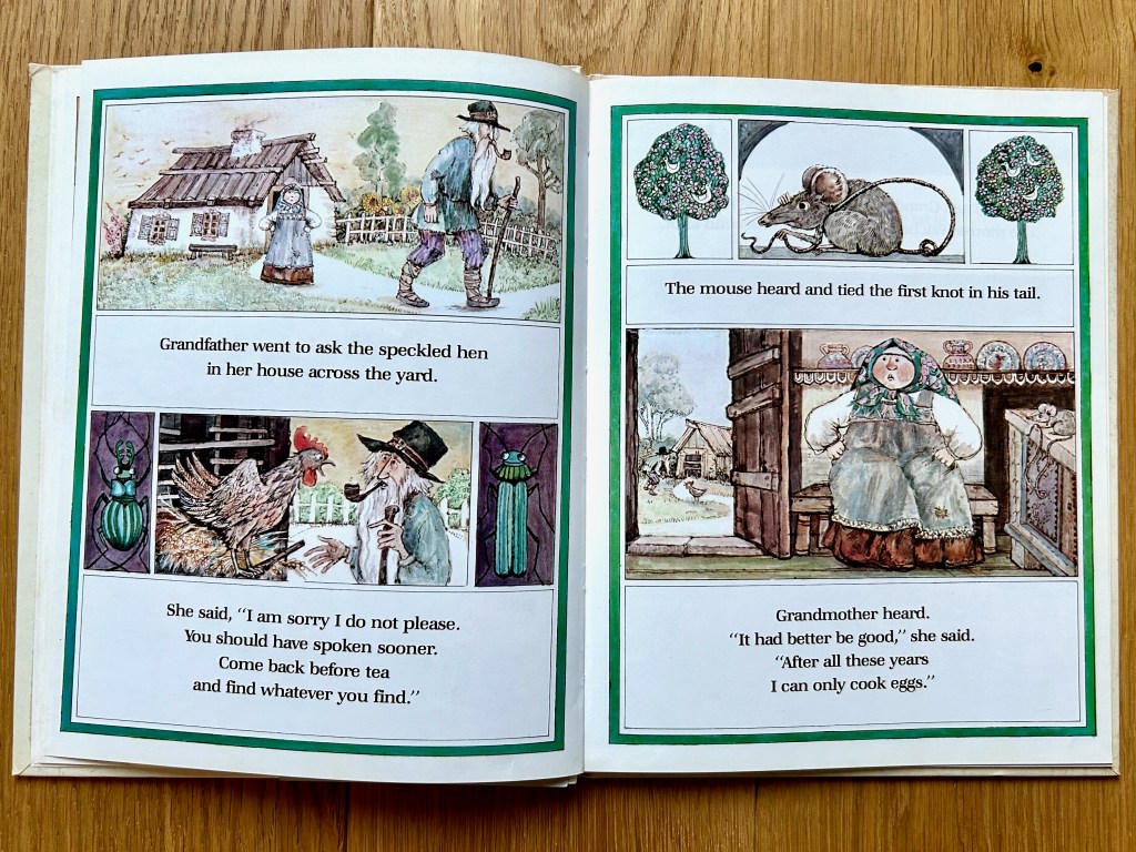 Left page has split images of the grandfather walking from the house while the grandmother looks on with hands on hips. Then he is talking to the hen looks a bit shocked. The right page has the mouse slinking and looking embarrassed and the grandmother watching it all from the house still with hands on hips.