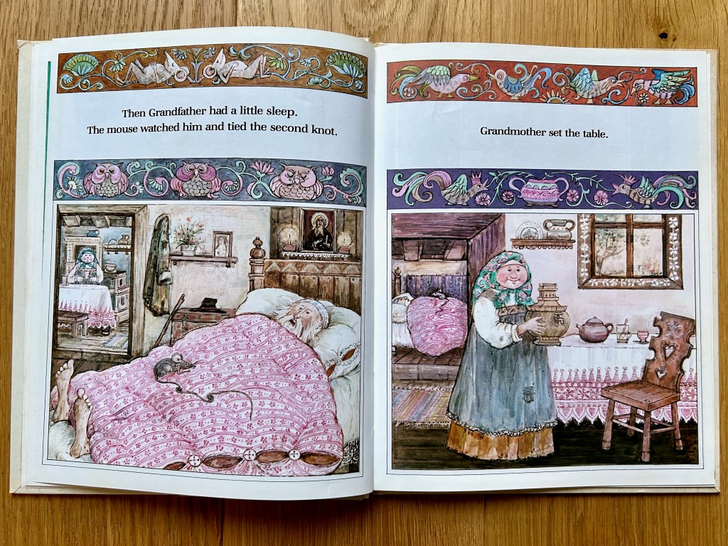 Grandfather is in bed under a pink duvet. The mouse sits on his belly. The grandmother can be seen in the other room. The right page shows the reverse situation where the grandmother is front and center setting the table and the grandfather is seen in the other room sleeping with the mouse on his belly.