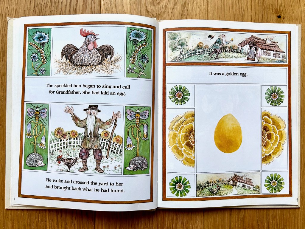 Left page, the hen sits calling on her roost. The grandfather is seen with hands spread in surprise. Right page the grandfather runs to the house with the golden egg. A golden egg sits large on the center of the page. The hen looks on.