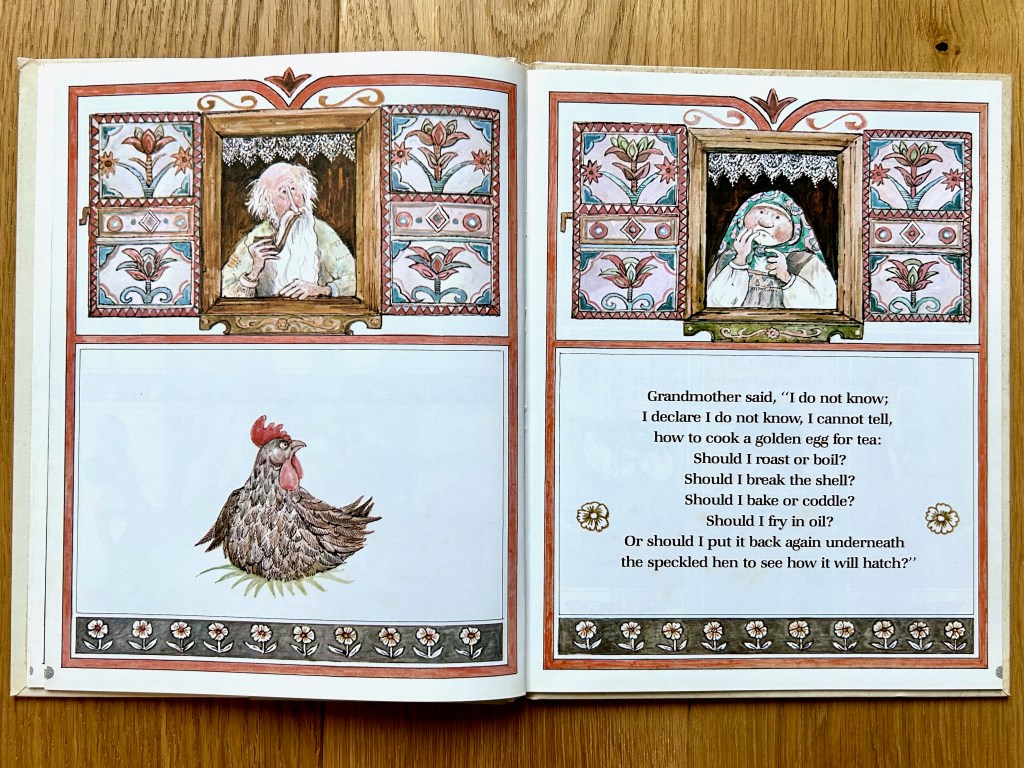 Grandfather and grandmother look out two windows thinking. The hen looks disgruntled in a white box.