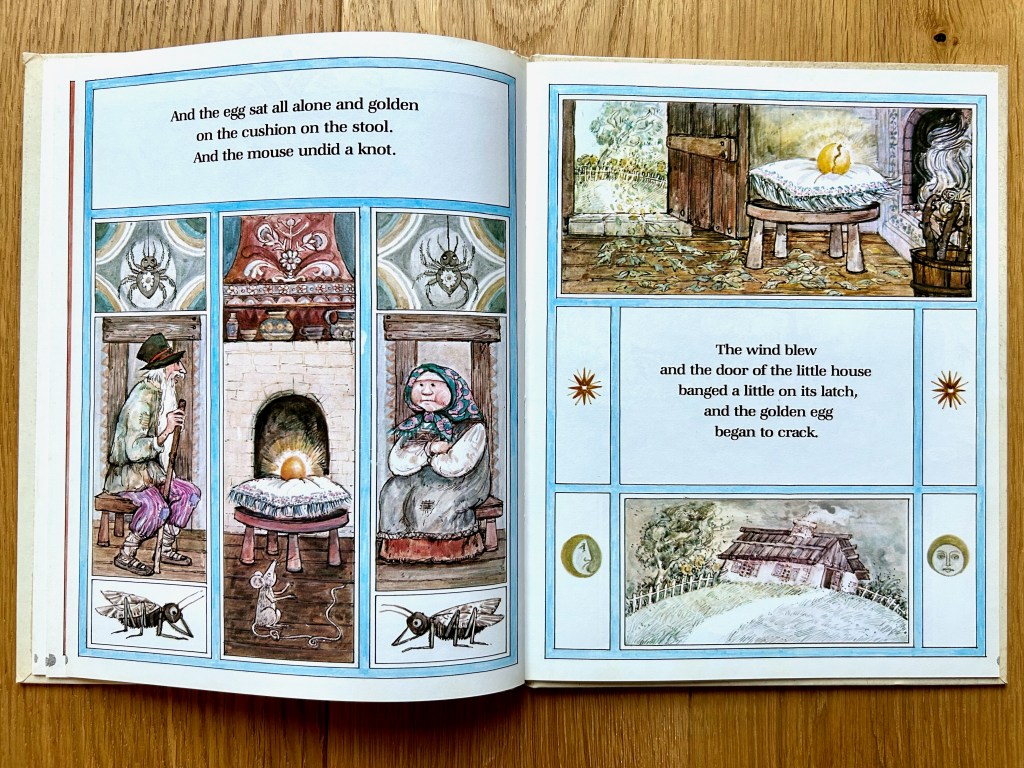 The three look on the egg sitting alone on the stool. And then the wind is blowing in and the sky has darkened and the egg is cracking.