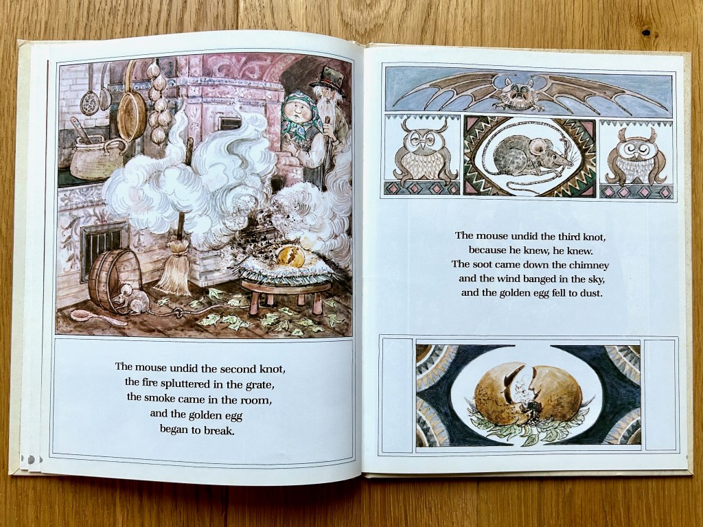 Left page is filled with smoke. The grandparents look on horrified. The egg is cracked open. Right page the mouse undid the last knot, and the egg is brown and smoldered into ash inside.