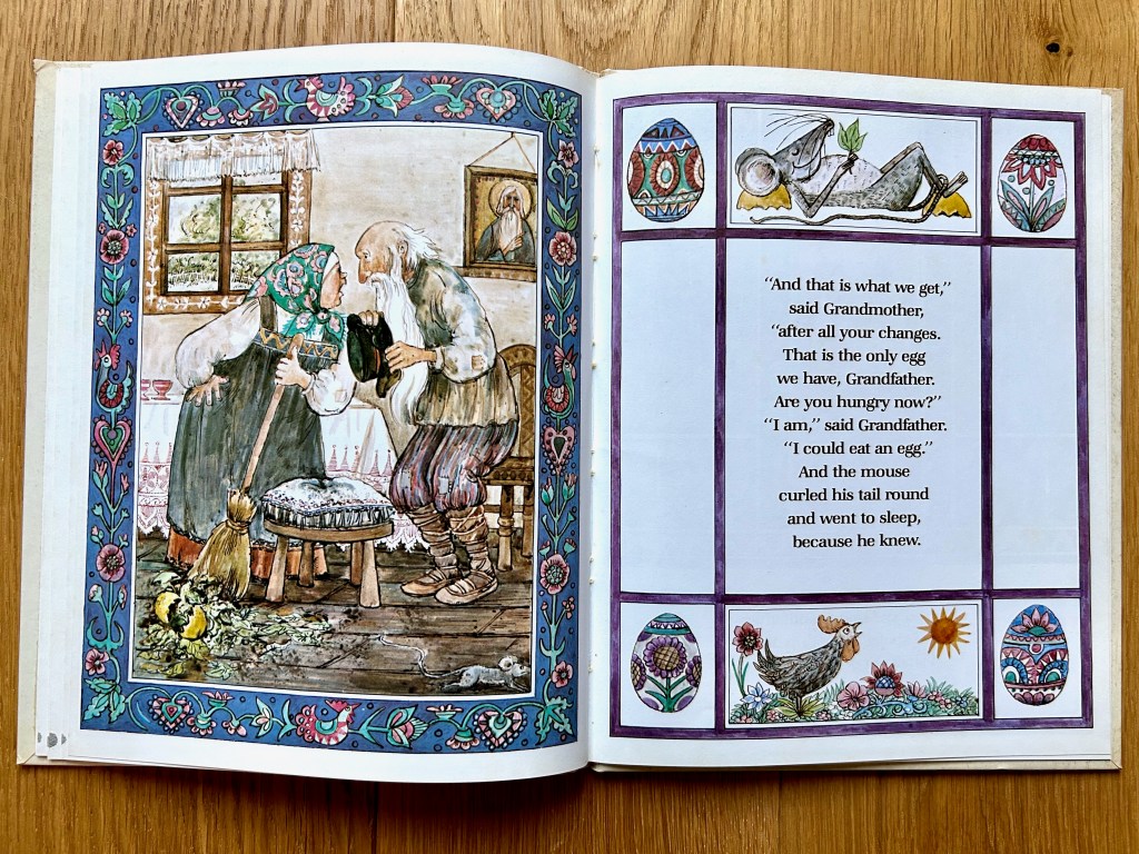 Grandmother is sweeping and shouting at grandfather who looks sheepish and hat in hands. Right page the mouse sleeps on his back looking content. The hen is crowing at the sun.