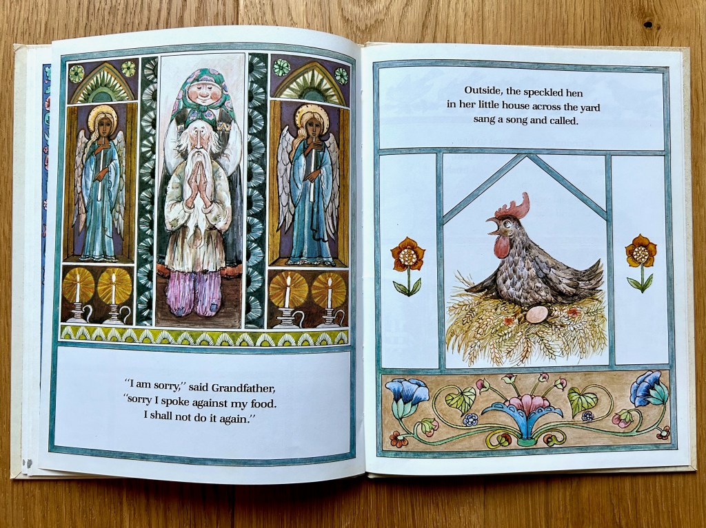 Three panels on the left with two angels in the side ones and the grandfather on his knees praying while the grandmother looks on. The hen sings from her roost about another egg on the right.