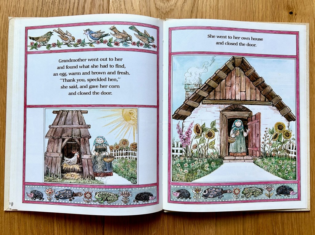 Grandmother goes to the hen house with a basket and the sun looks on. On the right she is standing in the doorway of her own house.