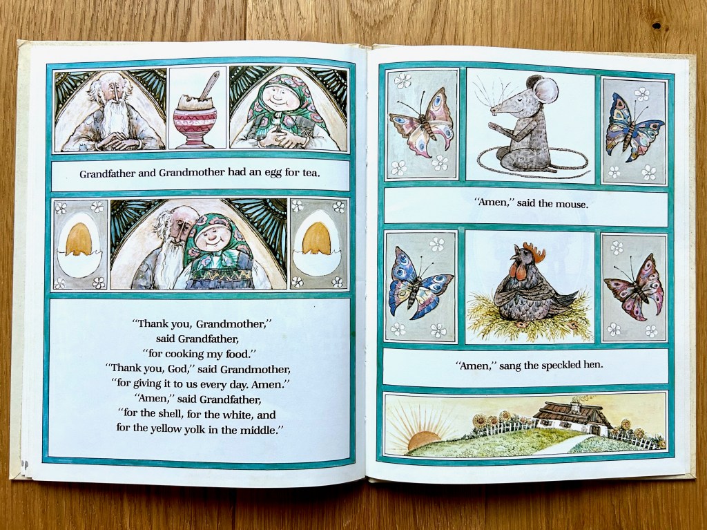 Grandfather and grandmother flank a cracked egg in an egg cup on the top left. They are smiling and leaning together with closed eyes underneath that. On the right, the mouse is kneeling and praying, the hen is singing, and the house looks lovely with the sun setting behind the hill.